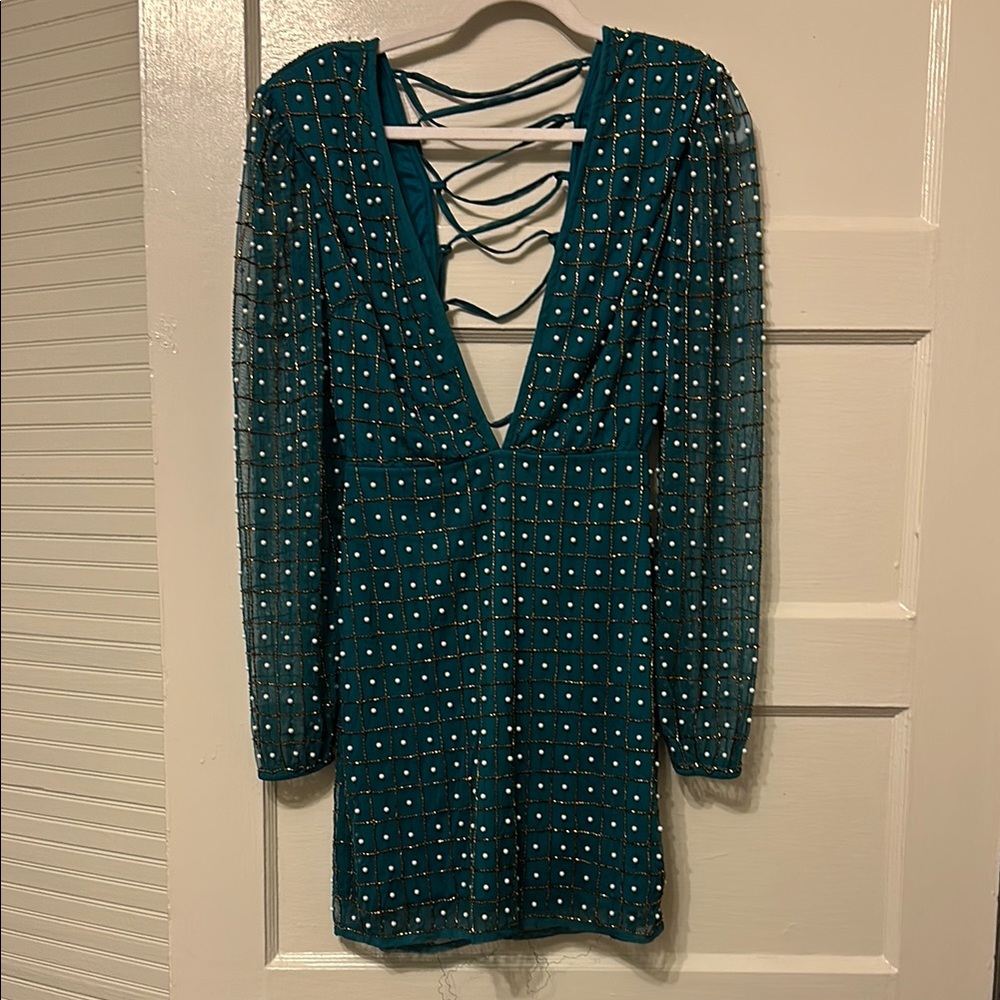 Teal Beaded Long Sleeve Dress